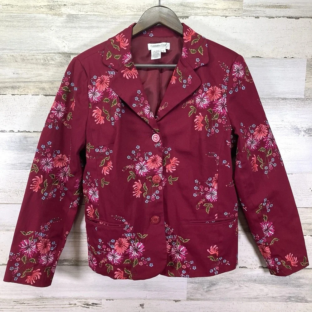 Coldwater Creek Womens Red Floral Embroidered Lined Button Up Blazer Jacket Sz M